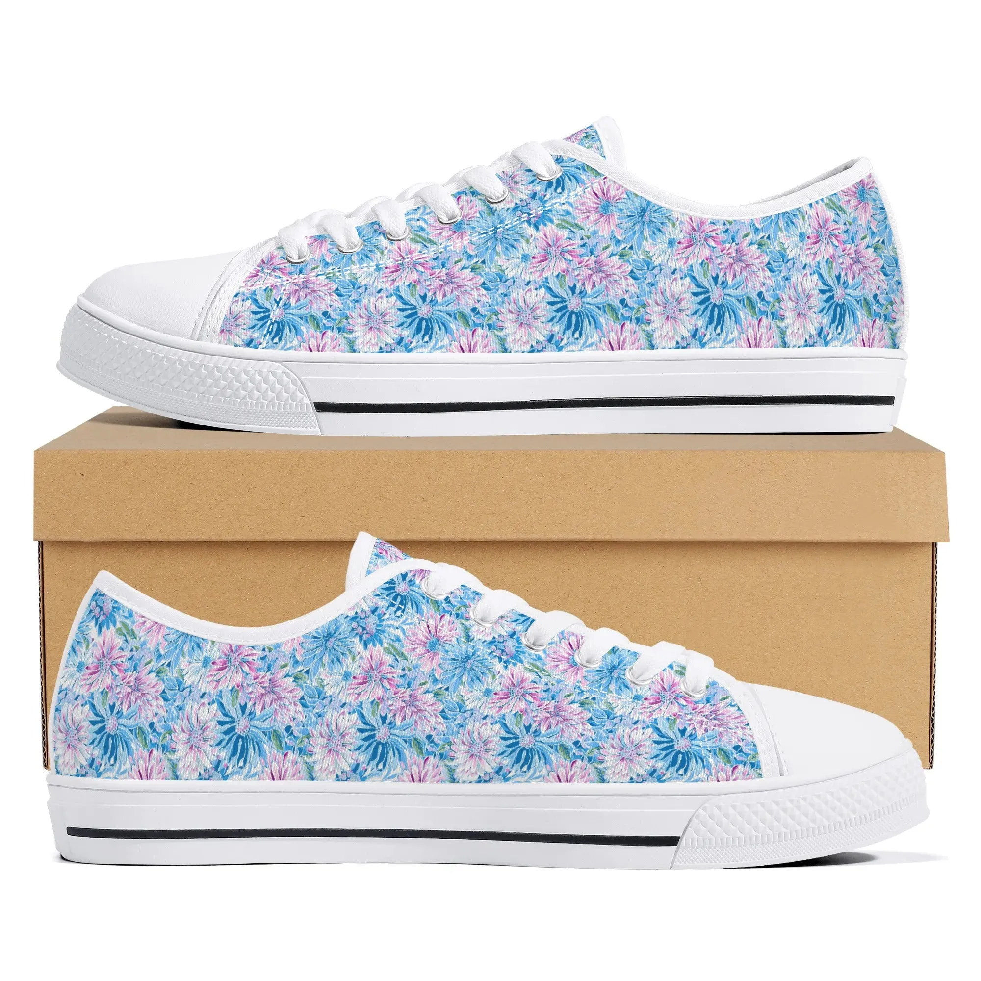 Pastel Blossom Symphony: Spring Flowers in Soft Pink and Blue Hues Womens Low Top Canvas Sneakers US5.5 - US12